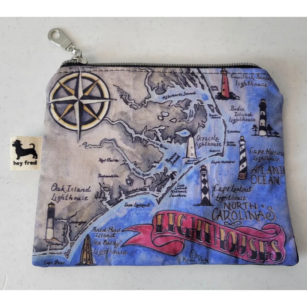 Hey Fred Zipper Pouch Unisex Small Blue North Carolina Lighthouses Waxed Canvas
